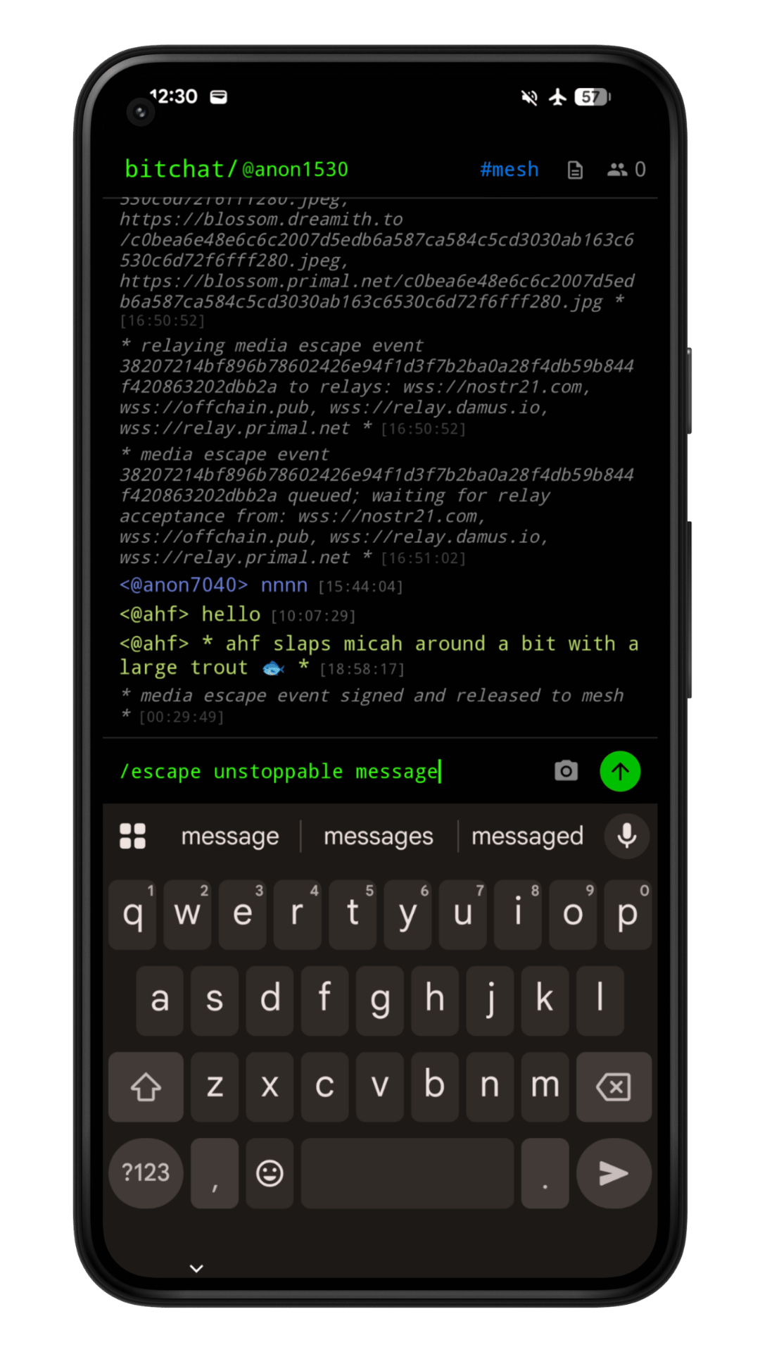 Phone one with no internet types /escape into Bitchat. The signed Nostr event is released to the local Bluetooth mesh.