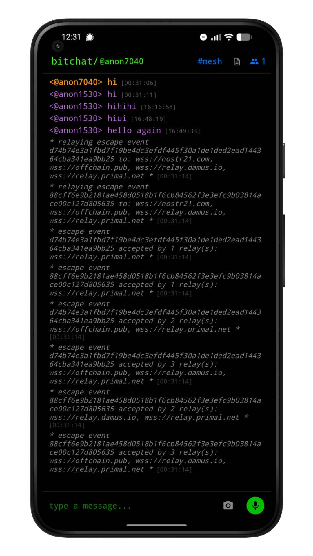 Phone two is hops away with internet. It receives the signed event over the mesh and publishes it to Nostr relays.